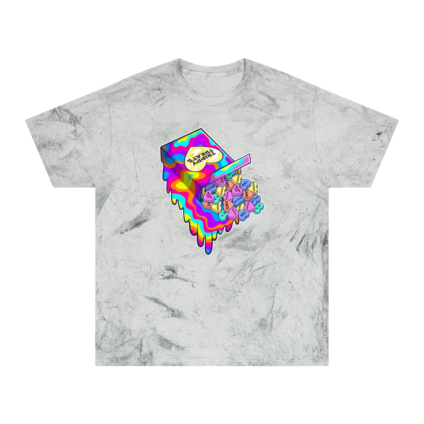 Trippy Treats. Melty Conversation Hearts. Colorful Psychedelic Shirt.