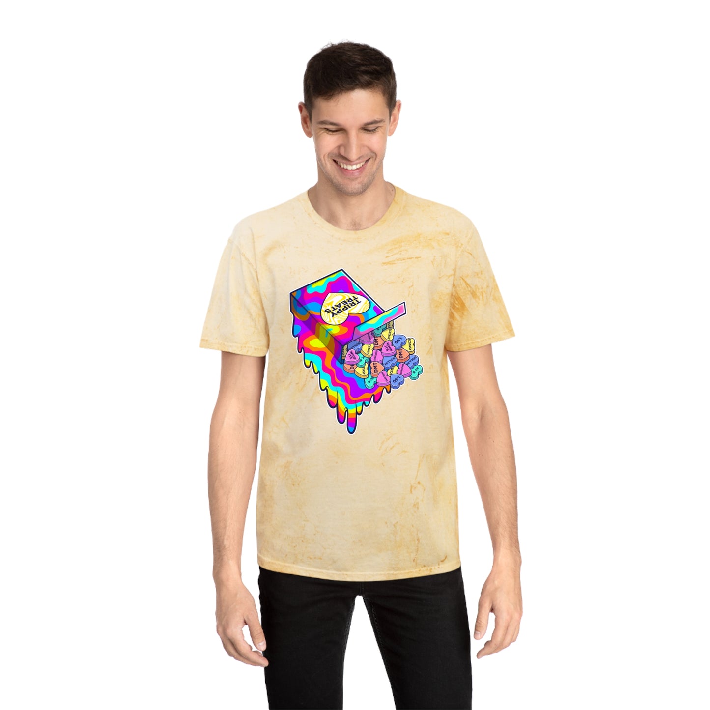Trippy Treats. Melty Conversation Hearts. Colorful Psychedelic Shirt.