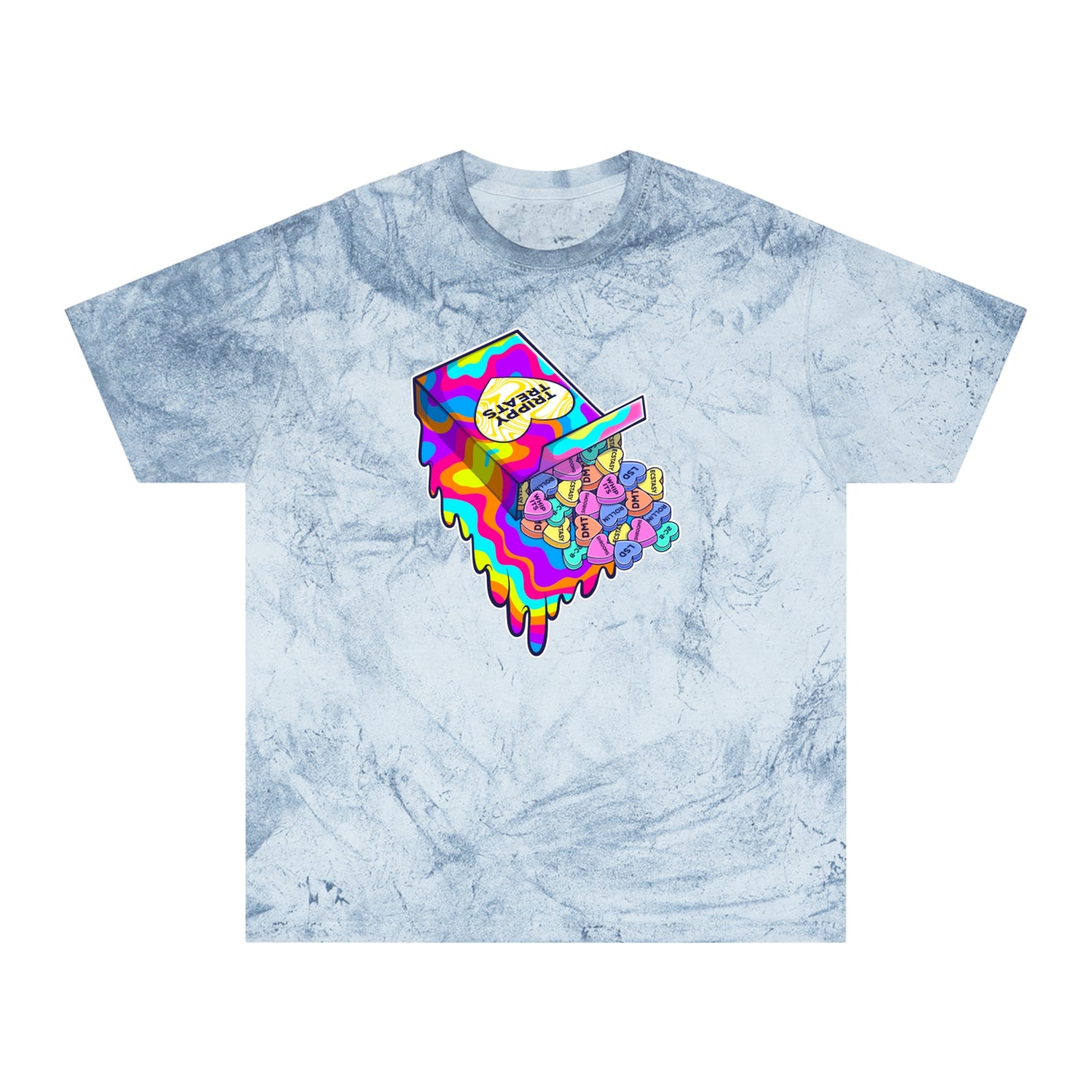 Trippy Treats. Melty Conversation Hearts. Colorful Psychedelic Shirt.