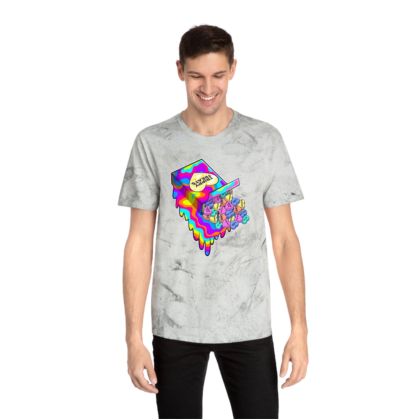 Trippy Treats. Melty Conversation Hearts. Colorful Psychedelic Shirt.