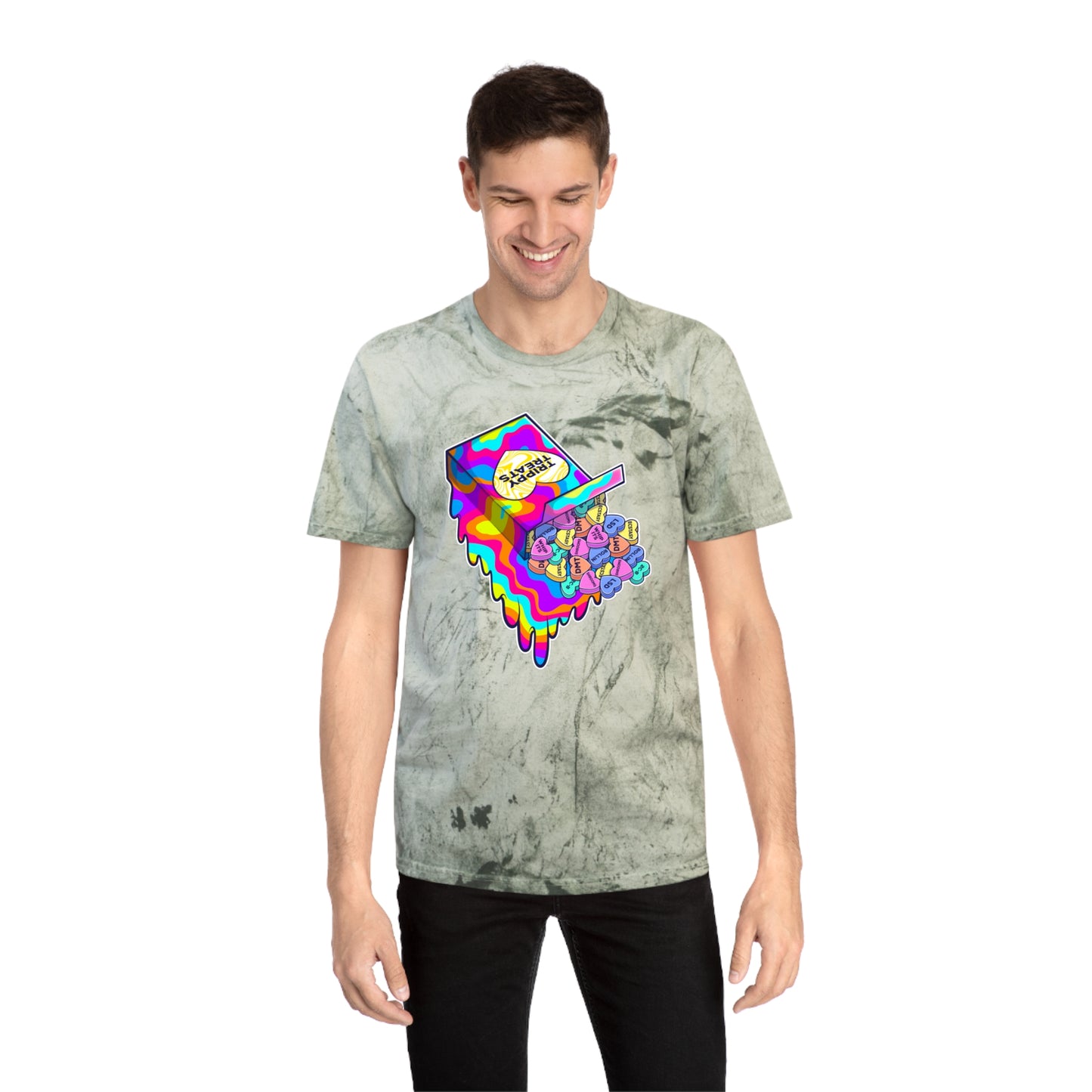 Trippy Treats. Melty Conversation Hearts. Colorful Psychedelic Shirt.