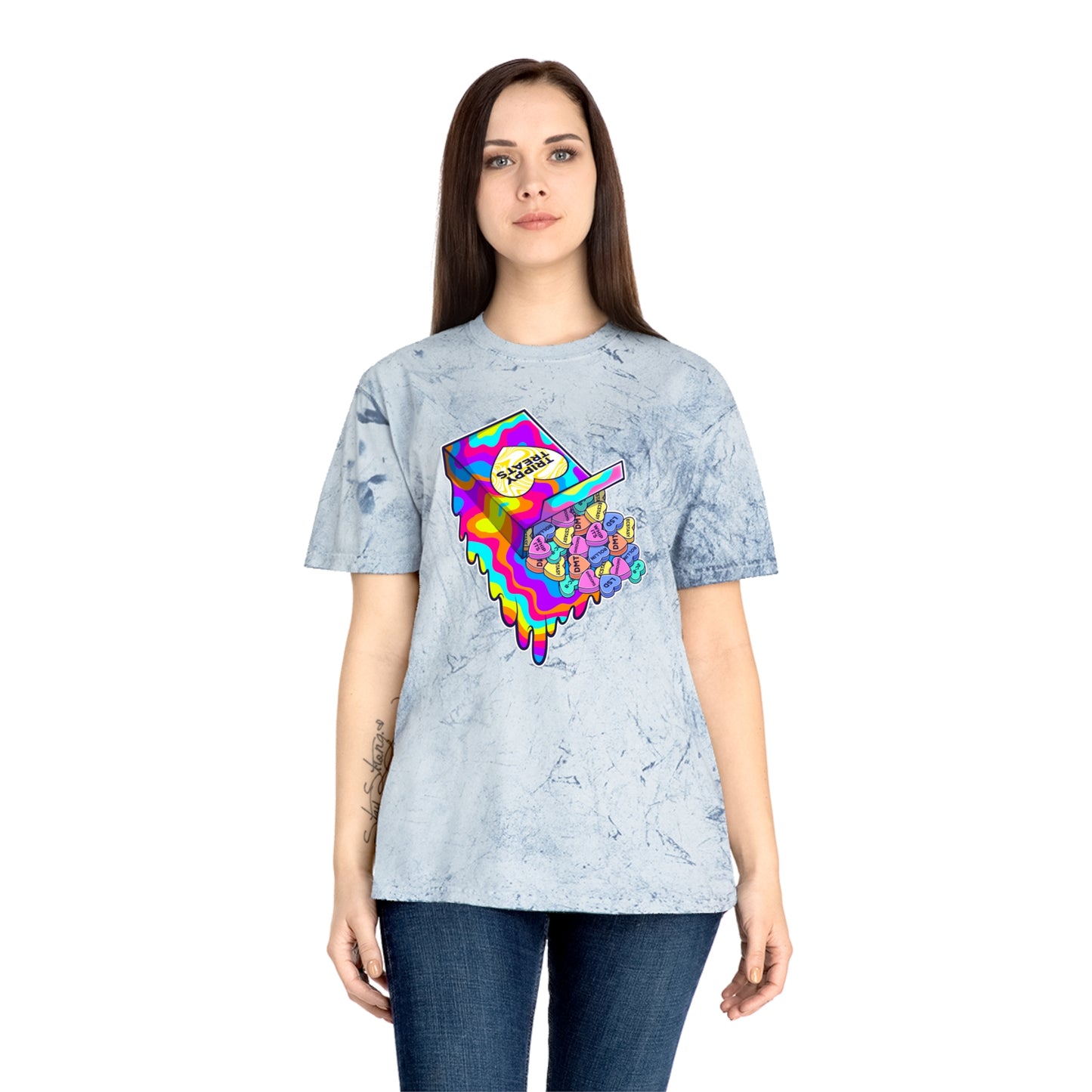 Trippy Treats. Melty Conversation Hearts. Colorful Psychedelic Shirt.
