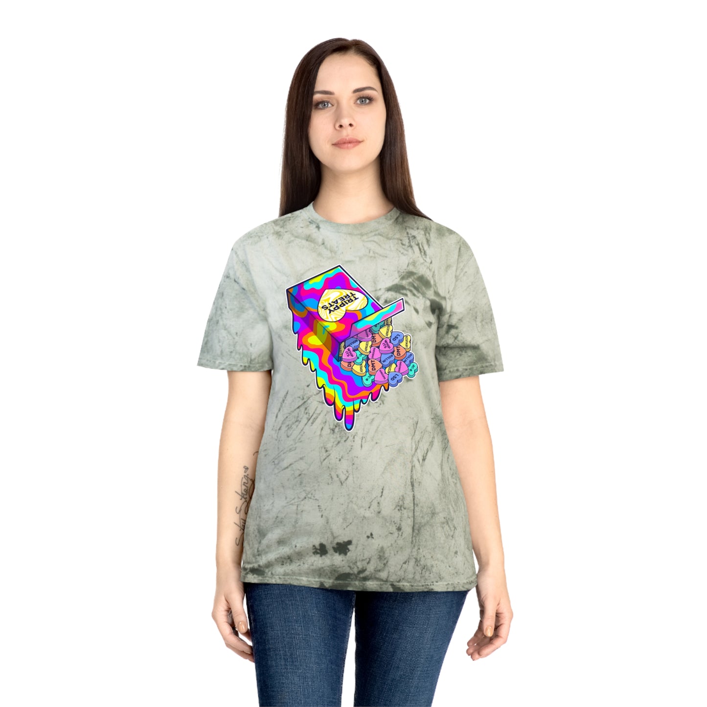 Trippy Treats. Melty Conversation Hearts. Colorful Psychedelic Shirt.