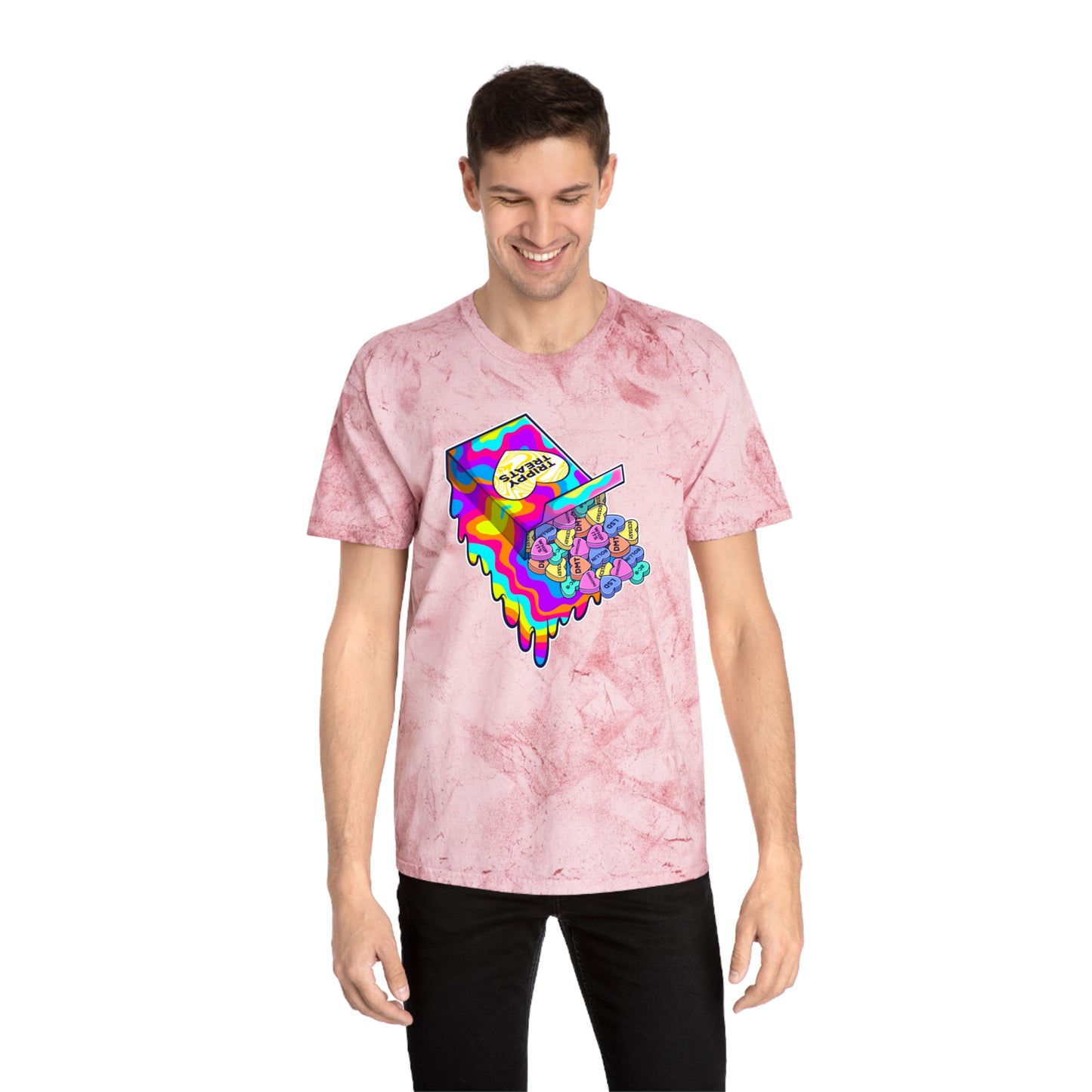 Trippy Treats. Melty Conversation Hearts. Colorful Psychedelic Shirt.