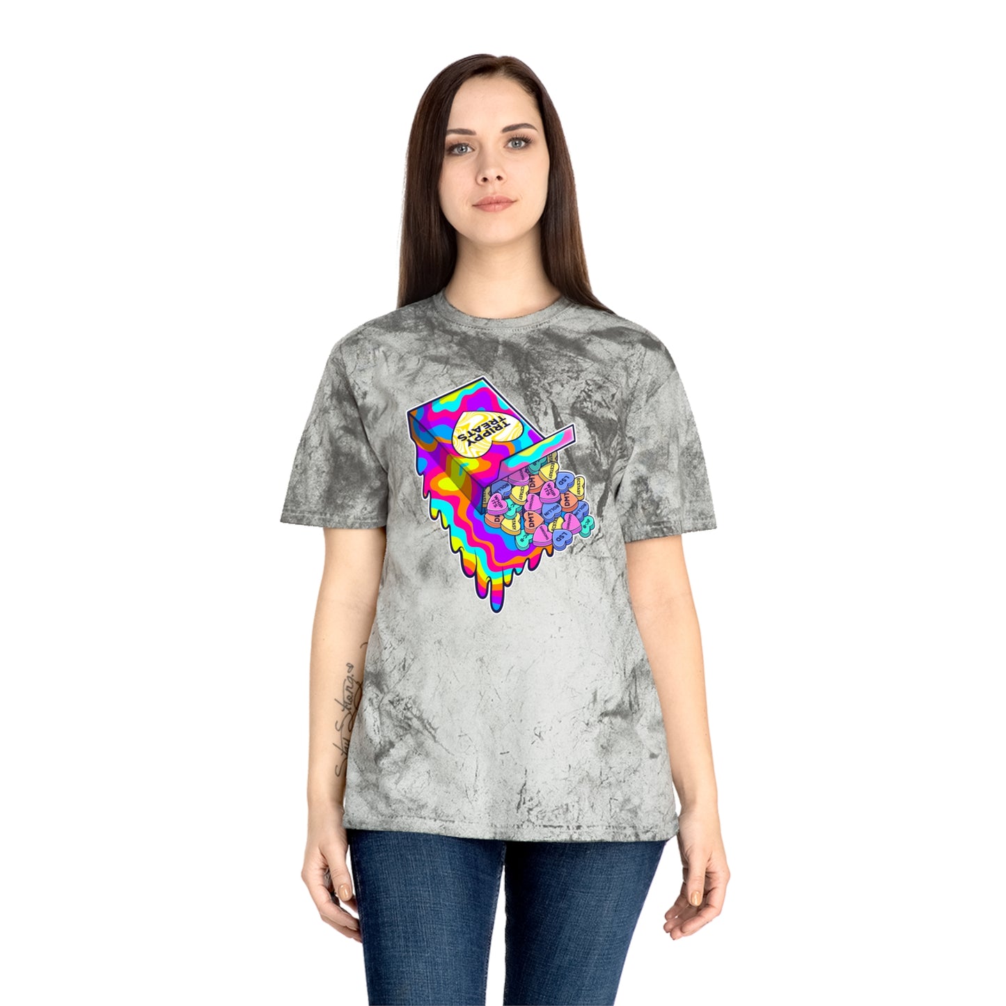 Trippy Treats. Melty Conversation Hearts. Colorful Psychedelic Shirt.