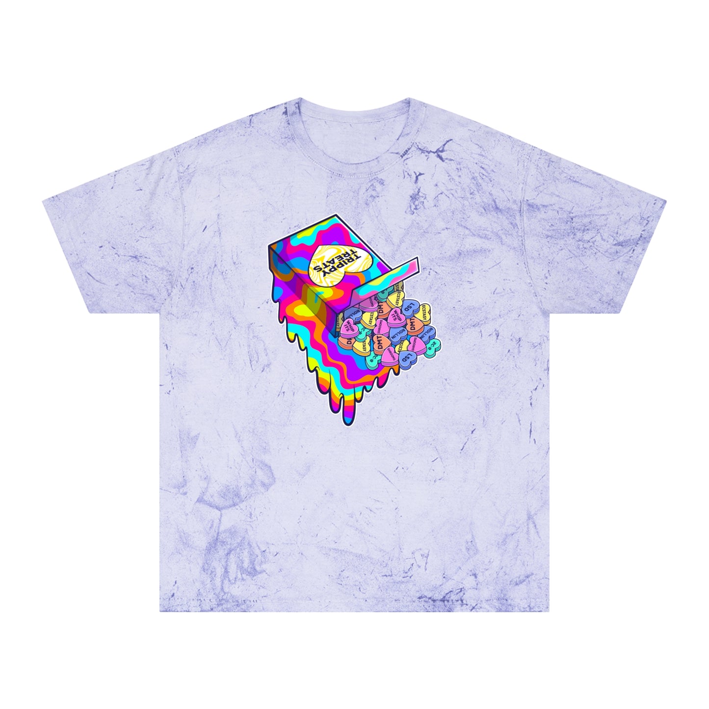 Trippy Treats. Melty Conversation Hearts. Colorful Psychedelic Shirt.