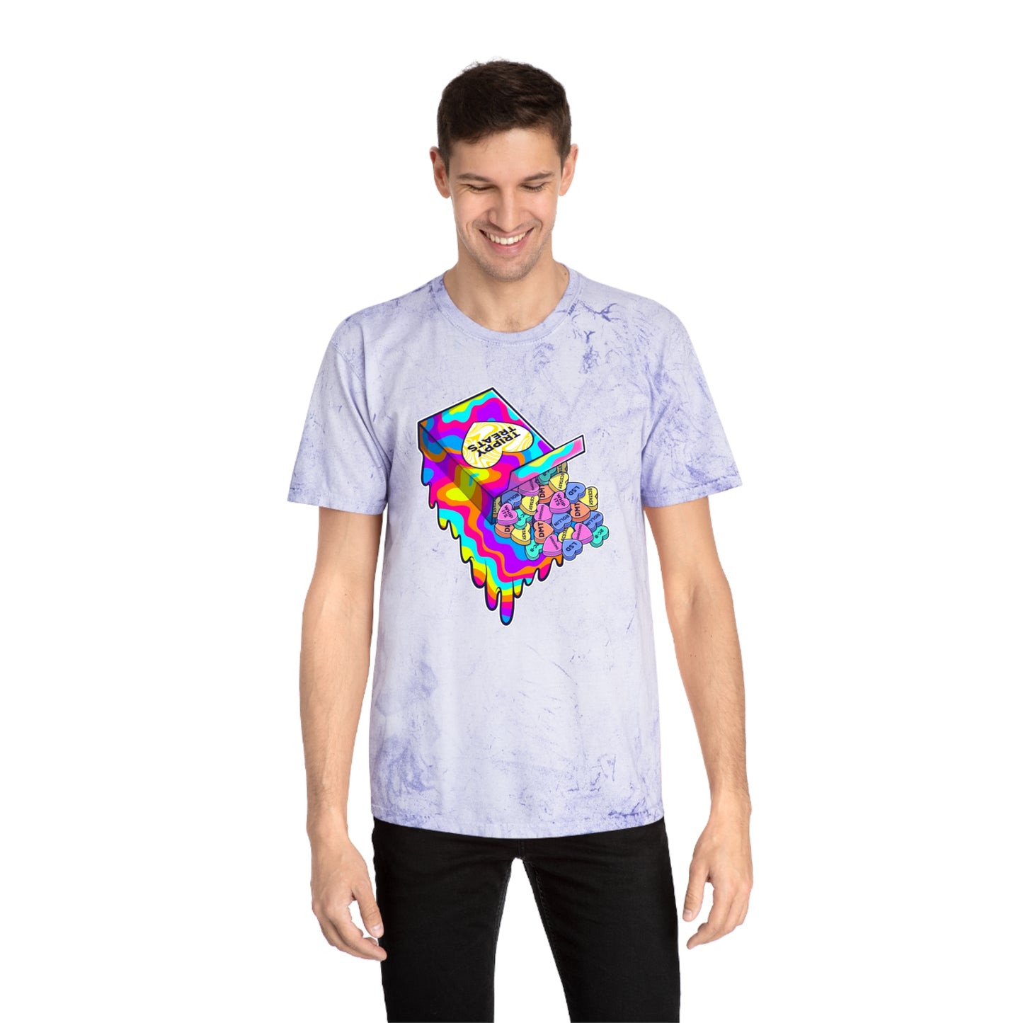 Trippy Treats. Melty Conversation Hearts. Colorful Psychedelic Shirt.
