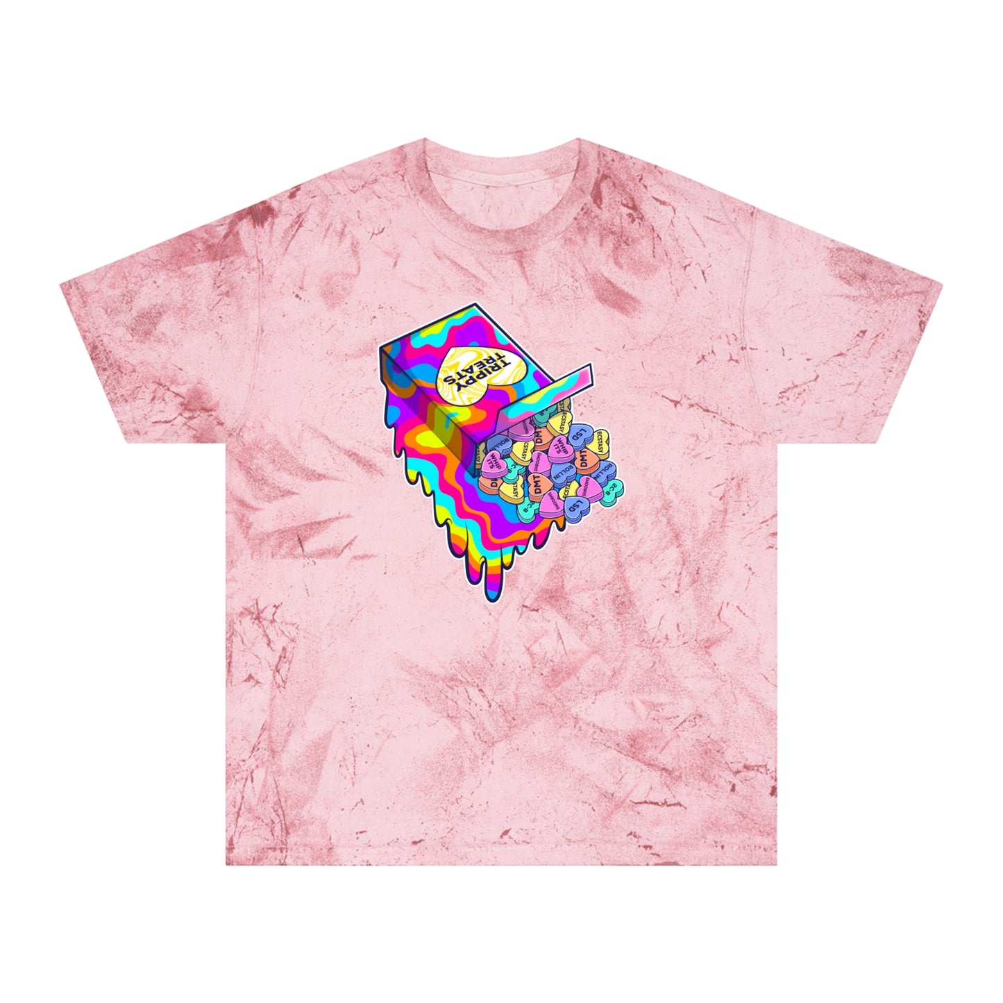 Trippy Treats. Melty Conversation Hearts. Colorful Psychedelic Shirt.