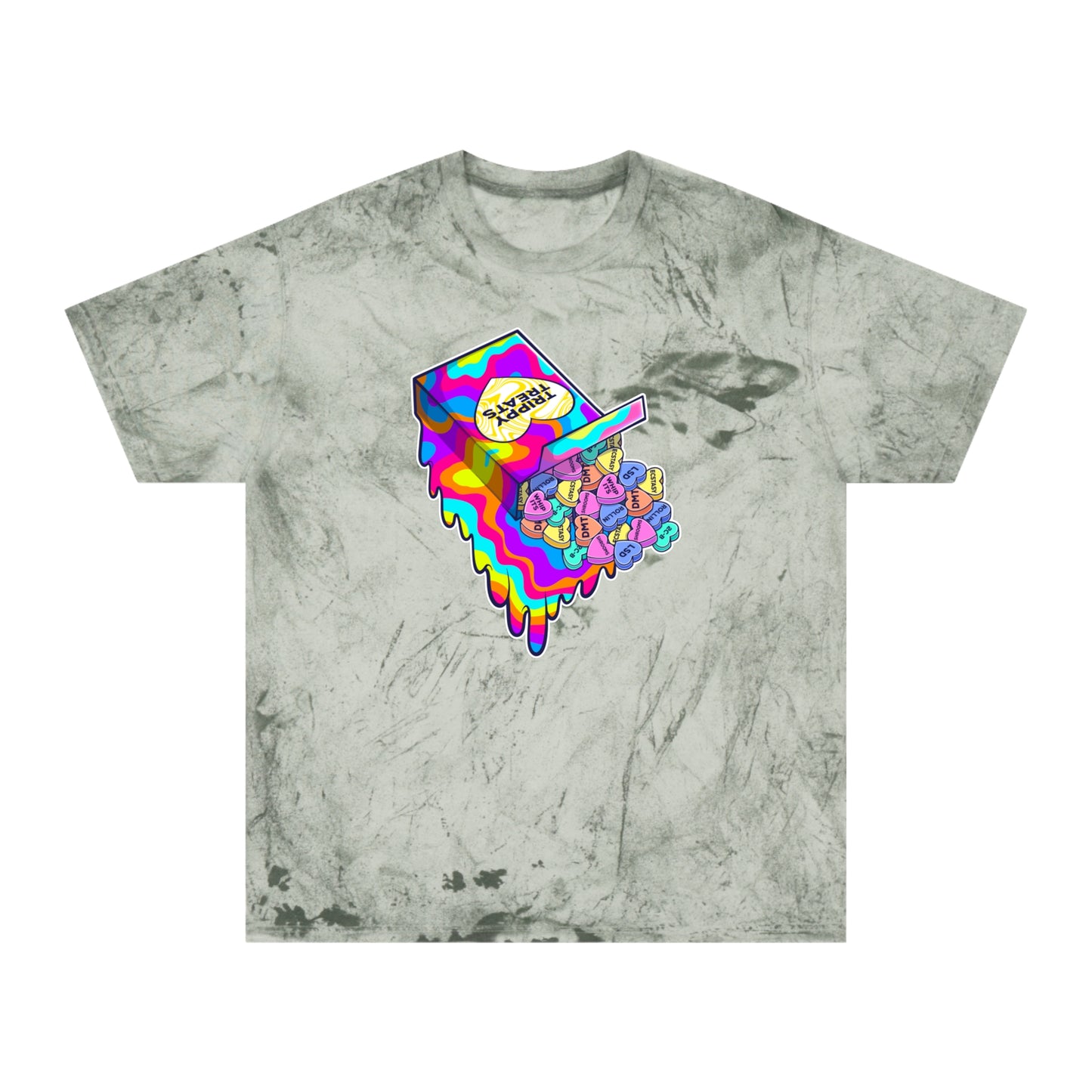 Trippy Treats. Melty Conversation Hearts. Colorful Psychedelic Shirt.