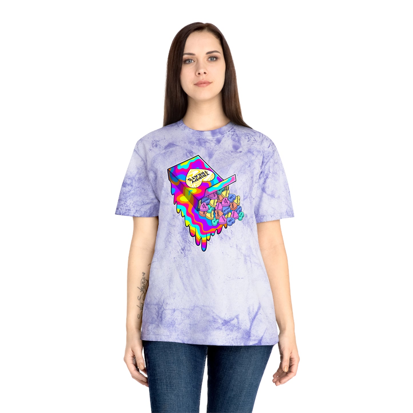 Trippy Treats. Melty Conversation Hearts. Colorful Psychedelic Shirt.