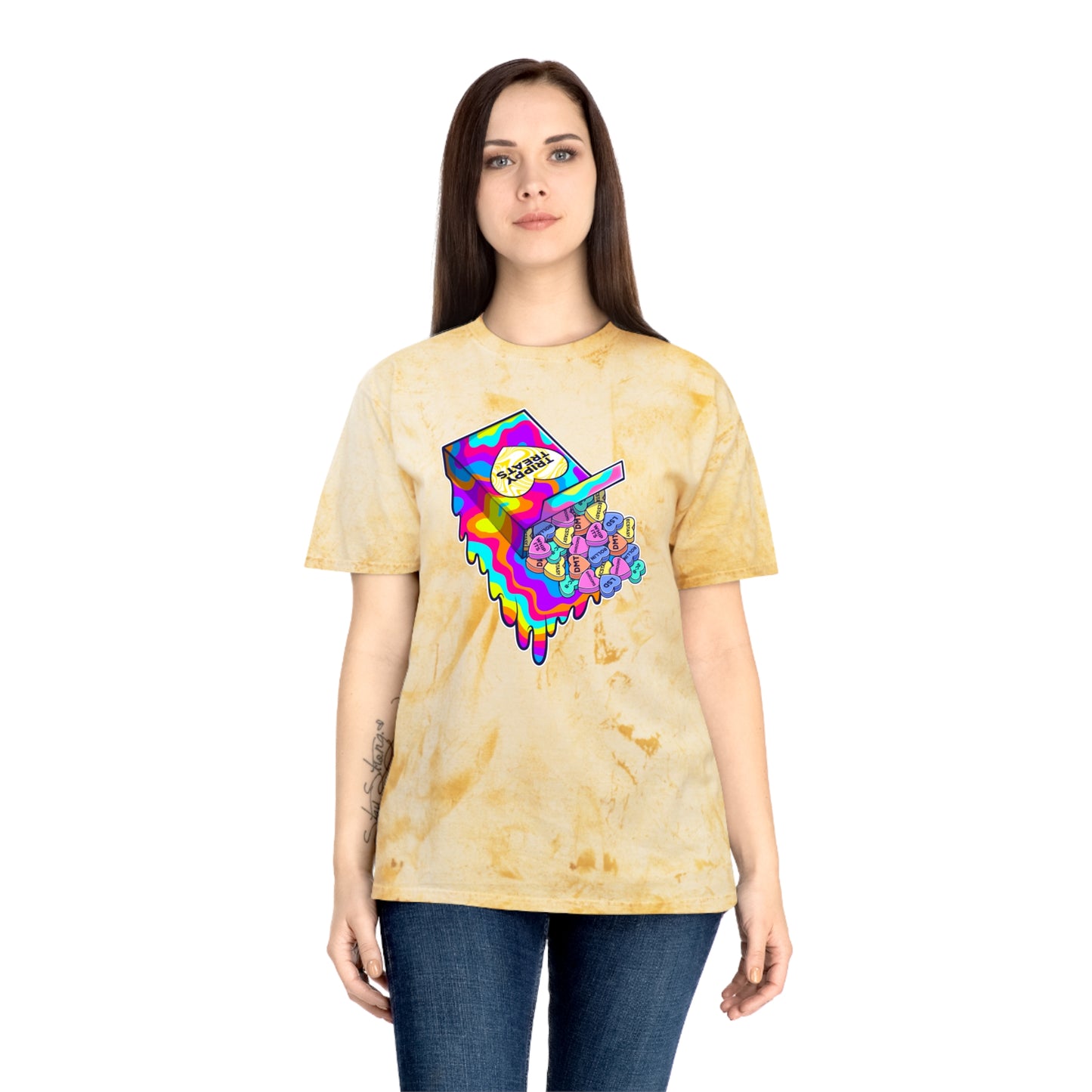 Trippy Treats. Melty Conversation Hearts. Colorful Psychedelic Shirt.