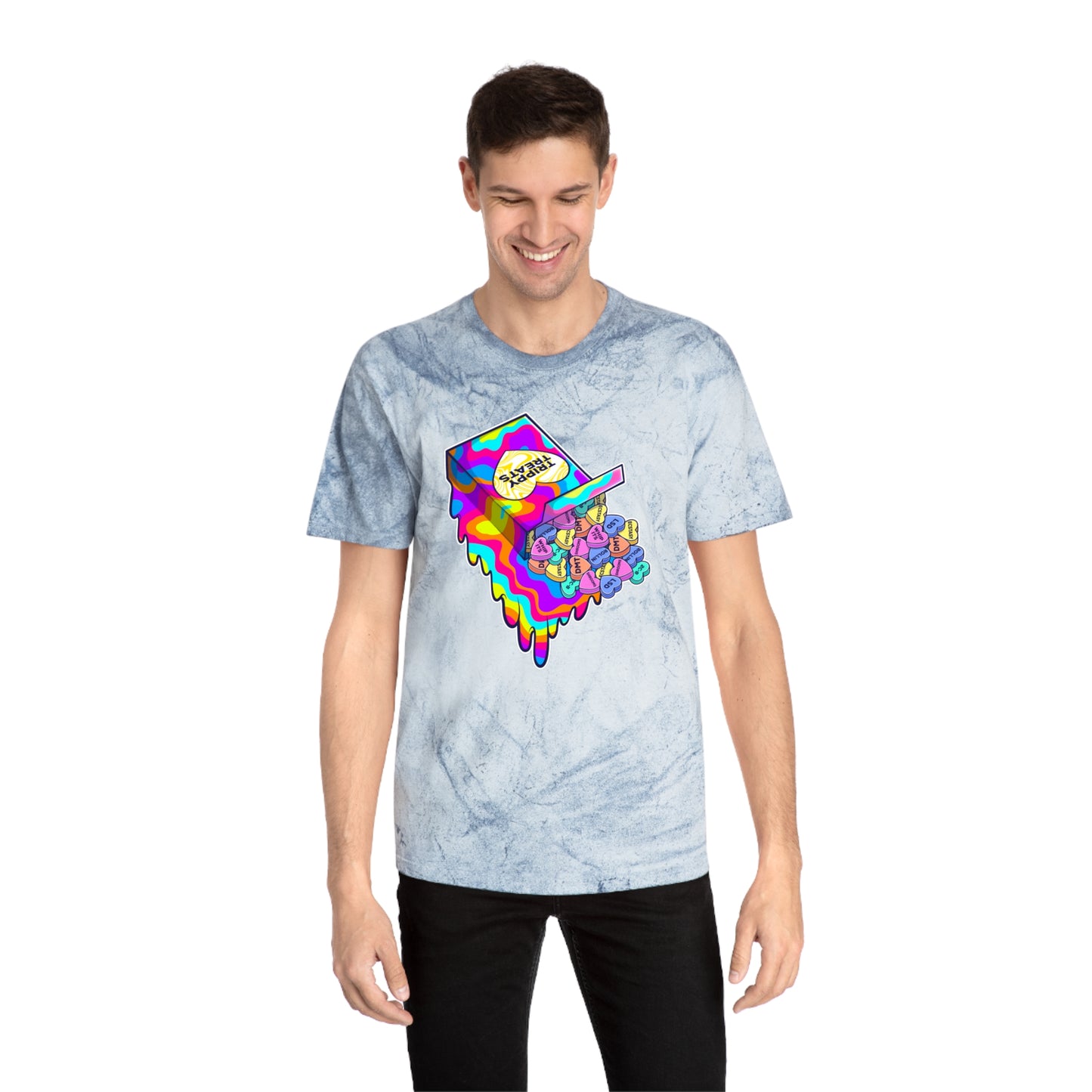 Trippy Treats. Melty Conversation Hearts. Colorful Psychedelic Shirt.