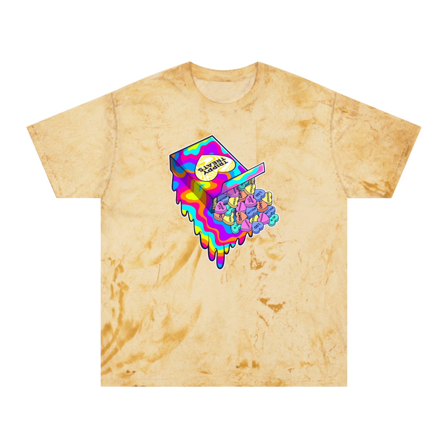Trippy Treats. Melty Conversation Hearts. Colorful Psychedelic Shirt.