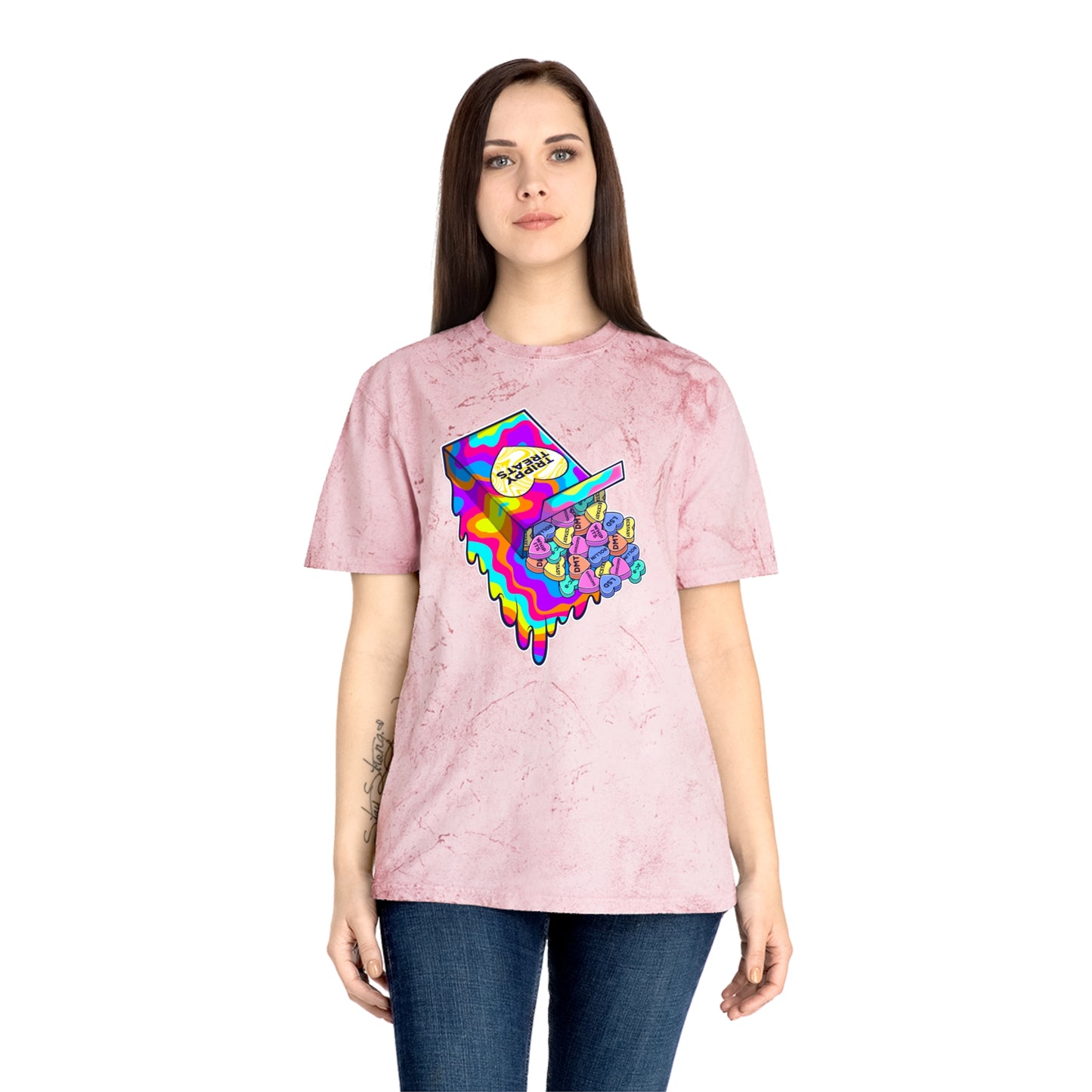 Trippy Treats. Melty Conversation Hearts. Colorful Psychedelic Shirt.